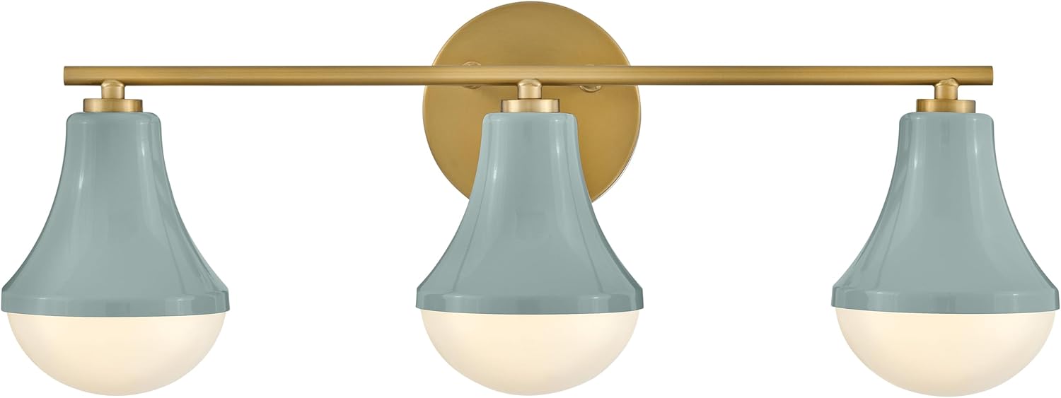 Lark Haddie Modern Three-Light Bath Vanity, Fixture Mounts Up or Down Over Bathroom Mirror, Seafoam and Lacquered Brass Finish