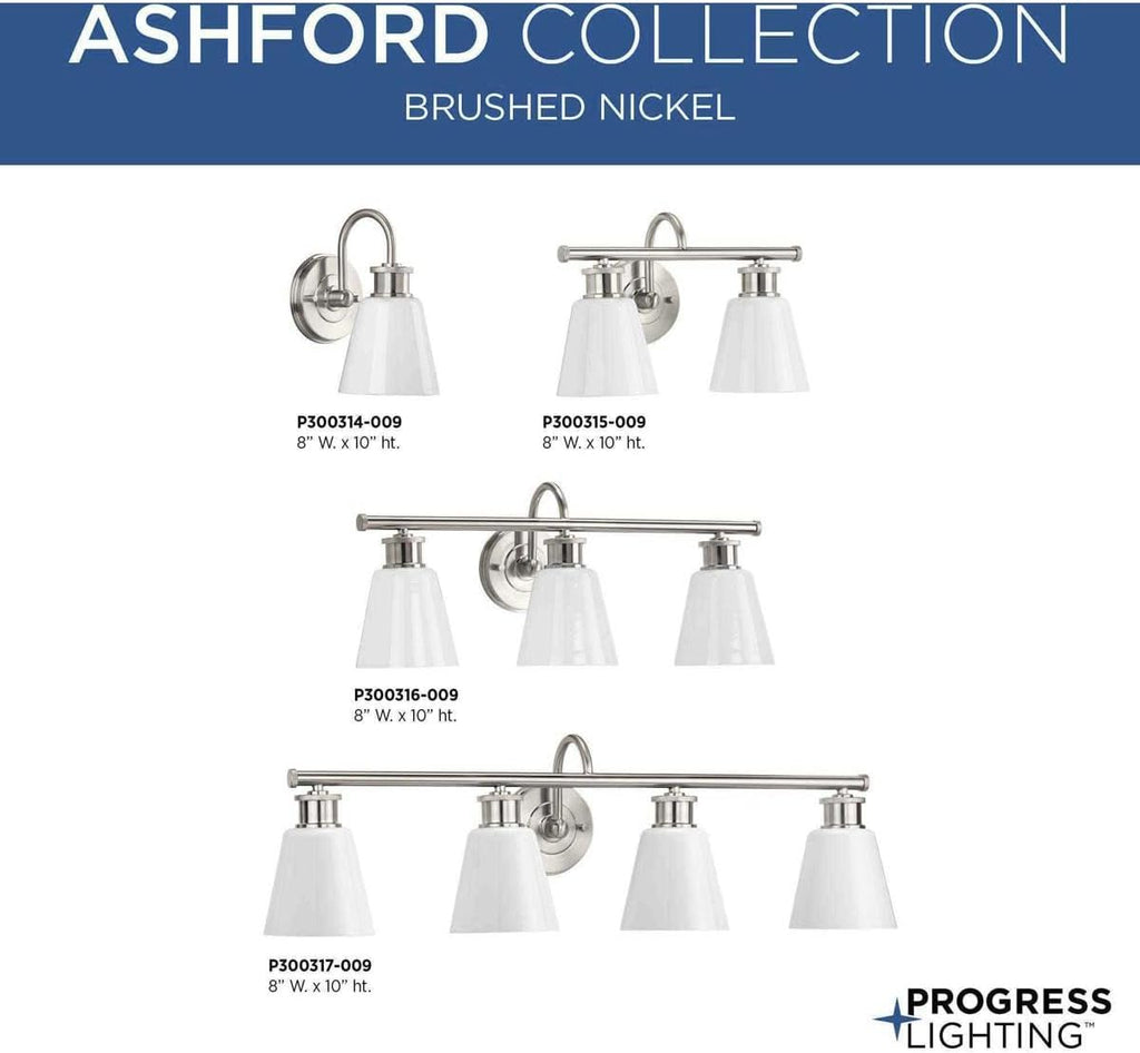 Progress Lighting P300315-009 Transitional Two Light Bath Bracket from Ashford Collection in Pewter, Nickel, Silver Finish,