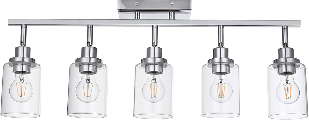 5-Light Track Lighting Kit Ceiling Kitchen Track Lighting Fixtures Chrome Bathroom Vanity Wall Lights with Clear Glass Multi-Directional Rotating Tracking Light Heads Spotlight for Accent Shop