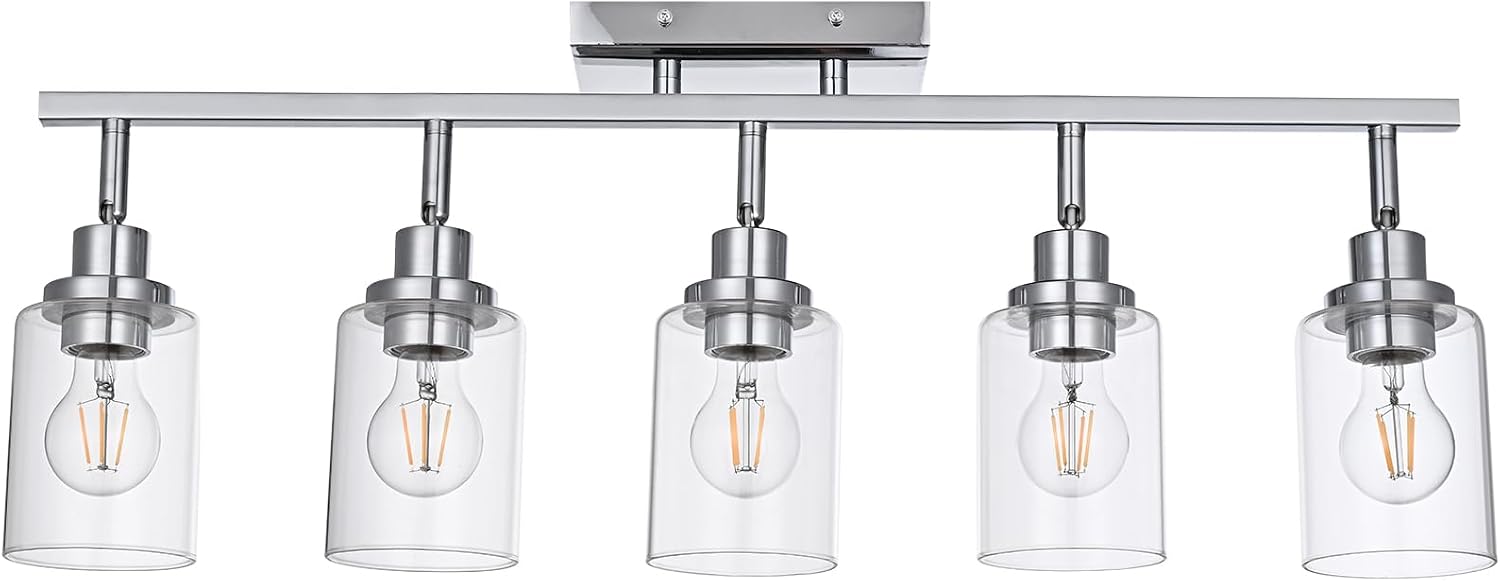 5-Light Track Lighting Kit Ceiling Kitchen Track Lighting Fixtures Chrome Bathroom Vanity Wall Lights with Clear Glass Multi-Directional Rotating Tracking Light Heads Spotlight for Accent Shop