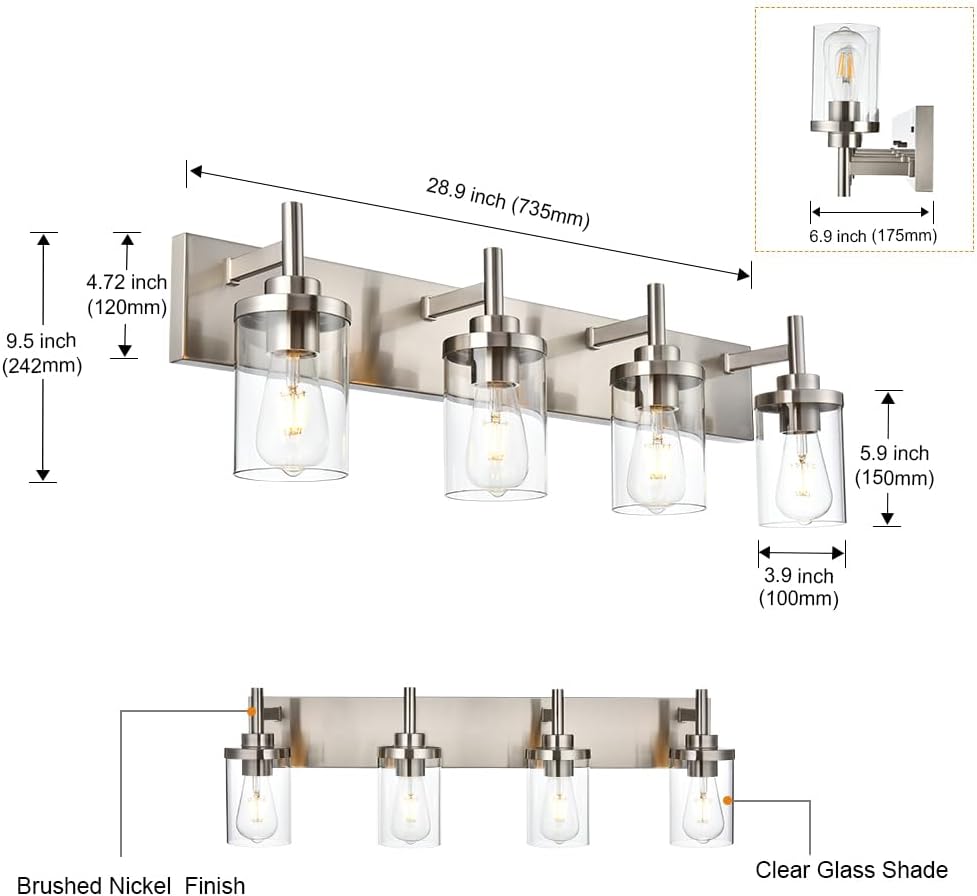 4 Lights Brushed Nickel Bathroom Vanity Light Over Mirror with Clear Glass Shades Industrial Wall Mounted Fixtures 18 inch Modern Wall Sconce Lighting for Farmhouse Living Room Bedroom Hallway