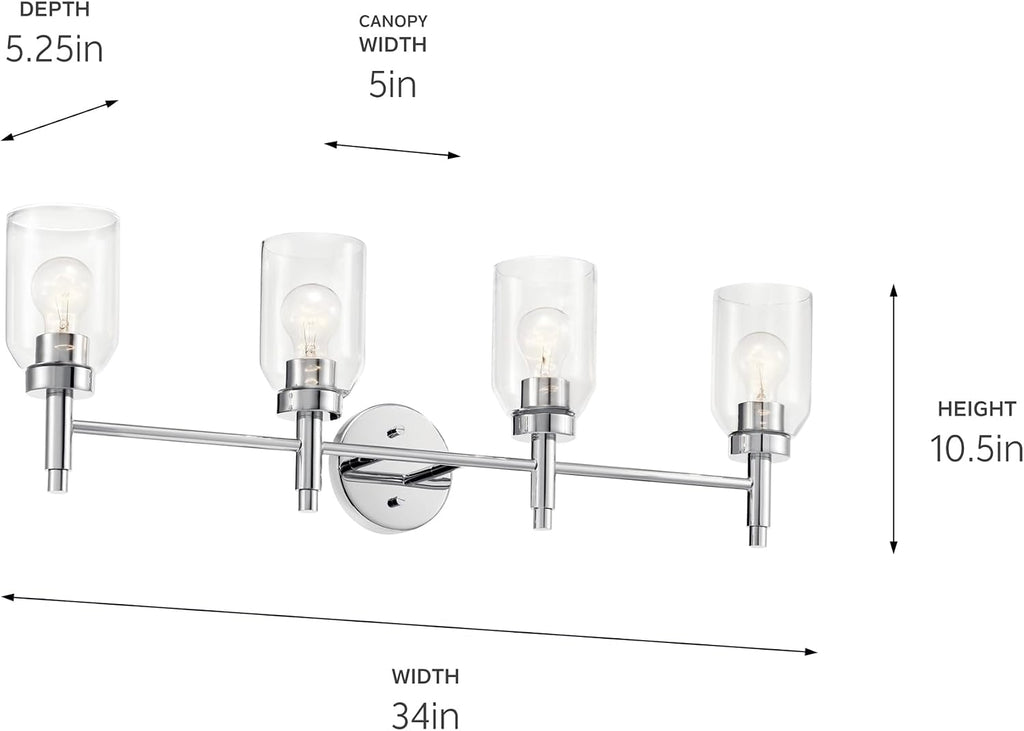 Kichler Madden 4-Light Bathroom Vanity Light Fixture with Clear Glass in Chrome, Modern Wall Mount Lighting for Single or Double Vanity Over Mirror (10.5' x 34'), 55186CH