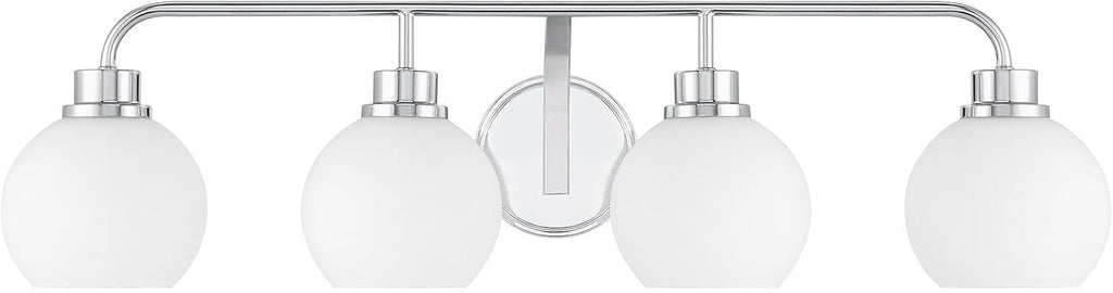 Meridian M80082CH White Opal Glass Bathroom Vanity Wall Light, 4-Light 240 Total Watts, 8' H x 32' W, Chrome