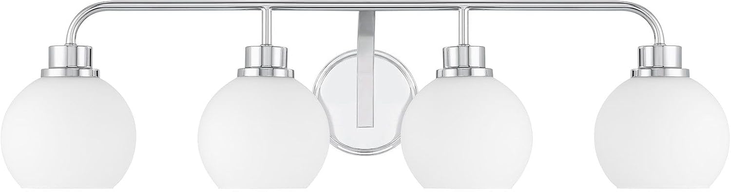 Meridian M80082CH White Opal Glass Bathroom Vanity Wall Light, 4-Light 240 Total Watts, 8' H x 32' W, Chrome