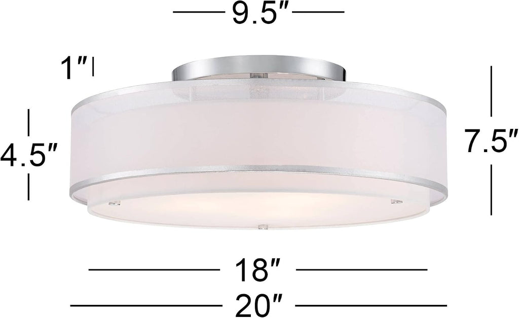 Possini Euro Design Double Organza Modern Ceiling Light Flush-Mount Fixture 20' Wide Chrome 3-Light Sheer Off White Drum Shades for Bedroom Kitchen Living Room Hallway Dining Bathroom Schoolhouse
