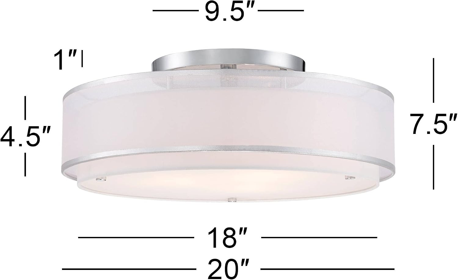 Possini Euro Design Double Organza Modern Ceiling Light Flush-Mount Fixture 20' Wide Chrome 3-Light Sheer Off White Drum Shades for Bedroom Kitchen Living Room Hallway Dining Bathroom Schoolhouse