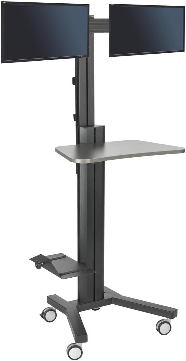 Displays2go Sit Stand Workstation, Dual Monitor Mount, Locking Wheels with CPU Holder (LPGPCRTB2H)