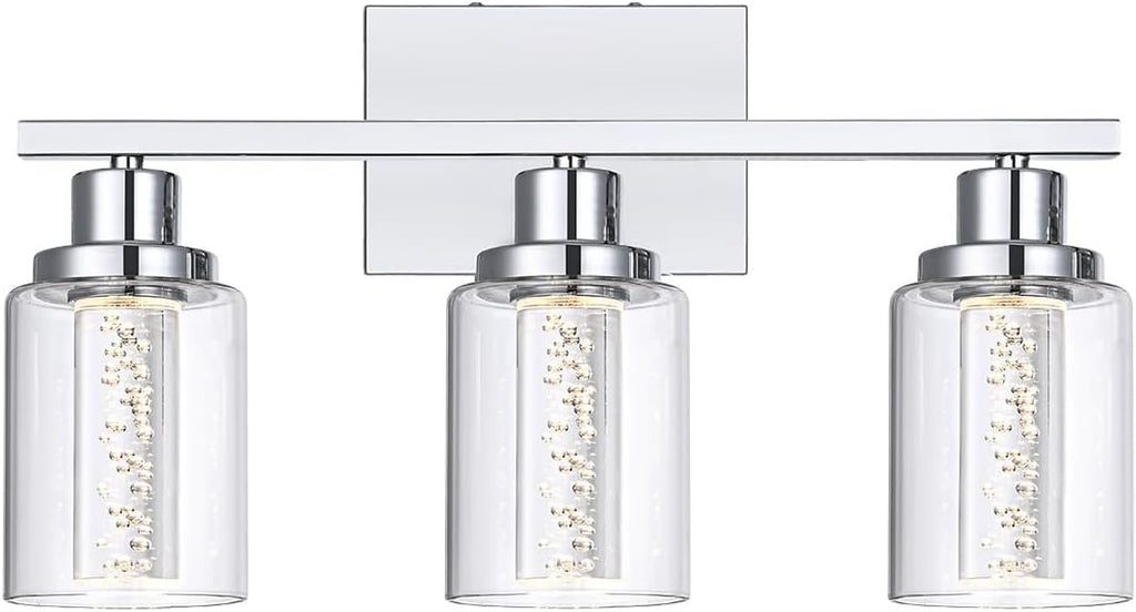 MELUCEE 5 Color Dimmable Vanity Lights 3 Light LED Bathroom Light Fixtures Chrome Bathroom Lights Over Mirror Wall Light Fixtures with Crystal Bubble Clear Glass Shade, Built-in LED Chips