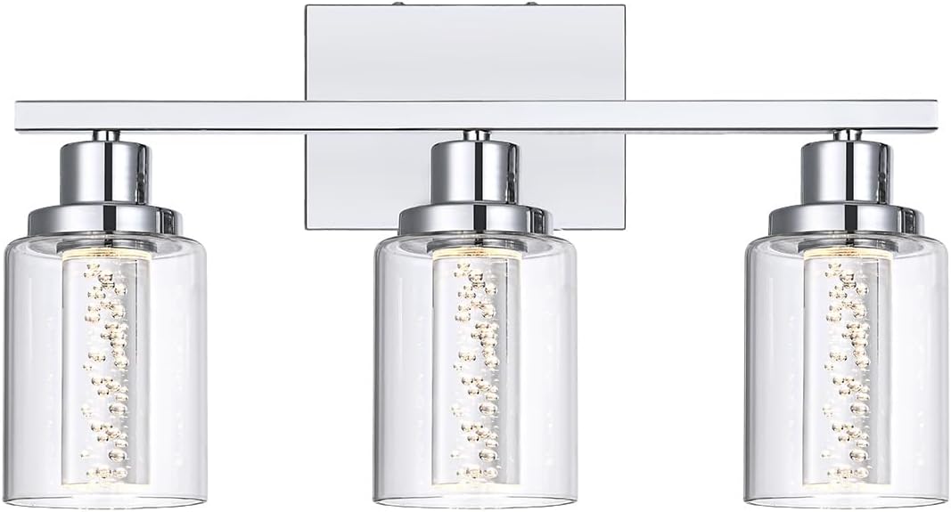 MELUCEE 5 Color Dimmable Vanity Lights 3 Light LED Bathroom Light Fixtures Chrome Bathroom Lights Over Mirror Wall Light Fixtures with Crystal Bubble Clear Glass Shade, Built-in LED Chips