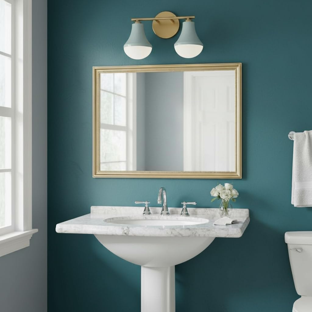 Lark Haddie 85512SF Modern Two-Light Bath Vanity, Fixture Mounts Up or Down, Shades Secured in Place, Seafoam and Lacquered Brass