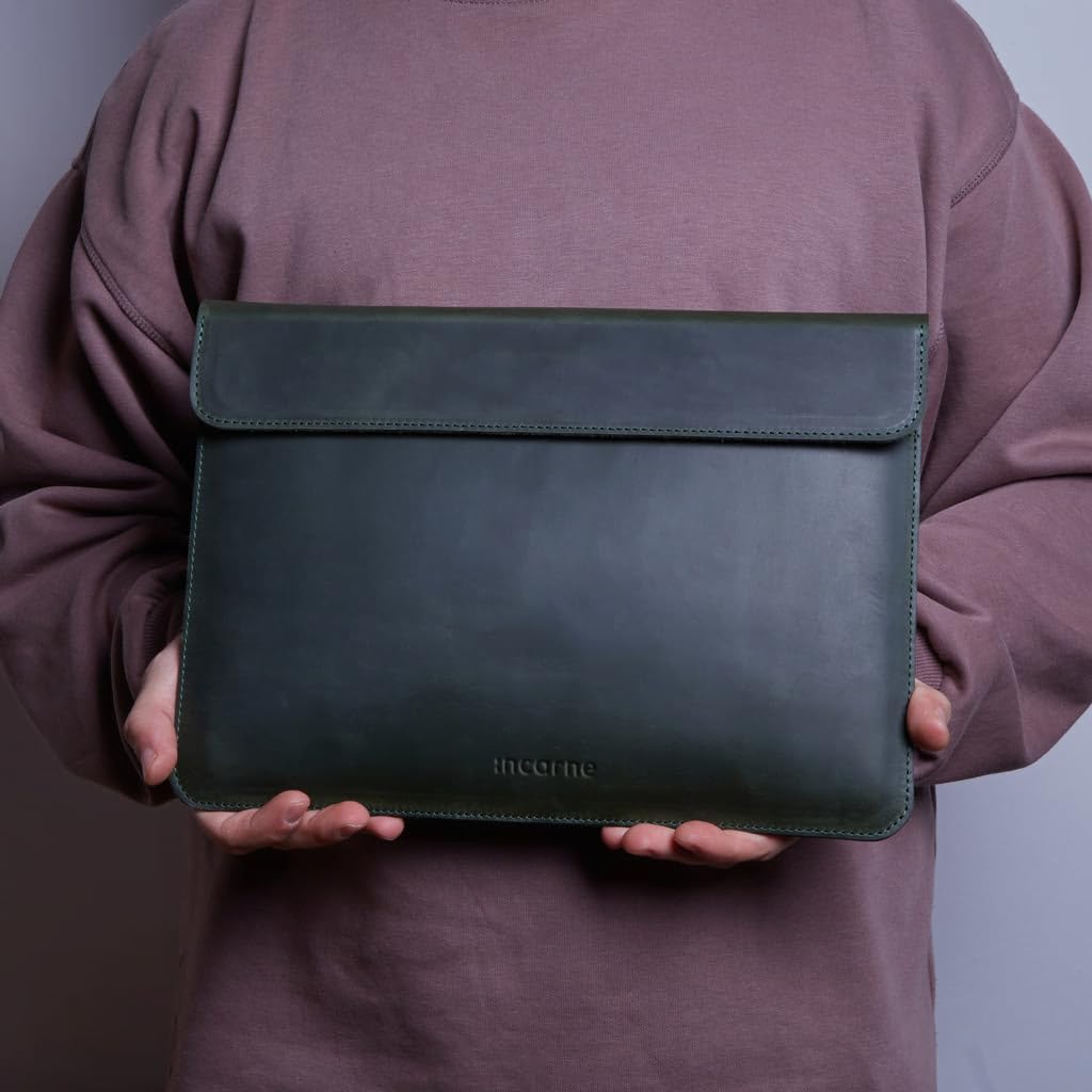 Green Leather Laptop Sleeve 13' Made for MacBook Air 13 inch Case Leather Sleeves - Carrying Protective Cases Compatible with MacBook 13' Air/Pro M1 M2 M3 M4 MAX PRO A2338 А3113 A3240 A2337, Green