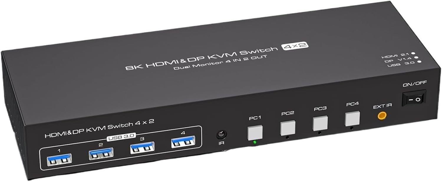 KVM Switch 2 Monitors 4 Computers 4K 120Hz Dual Displayport USB 3.0 Switcher for 4 PC Share Keyboard Mouse(AU Power Adapter)