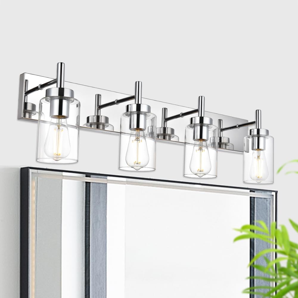 Modern Bathroom Lighting with Clear Glass Shade 4-Light Vanity Light Fixtures Chrome Finished Industrial Wall Light Sconces for Bedroom Hallway (Patent No.: US D958,438 S)