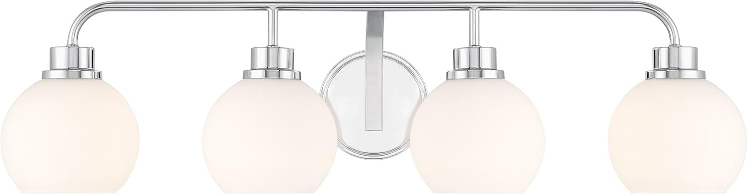 Meridian M80082CH White Opal Glass Bathroom Vanity Wall Light, 4-Light 240 Total Watts, 8' H x 32' W, Chrome