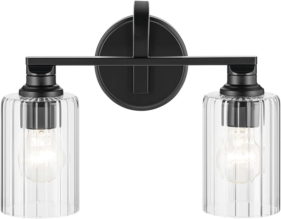 Kichler Gioe 14.25' 2-Light Bathroom Vanity Light Fixture with Clear Fluted Glass in Black, Damp Rated for Powder Room Over Mirror (14.25' W x 10.5' H), 55225BKFLU