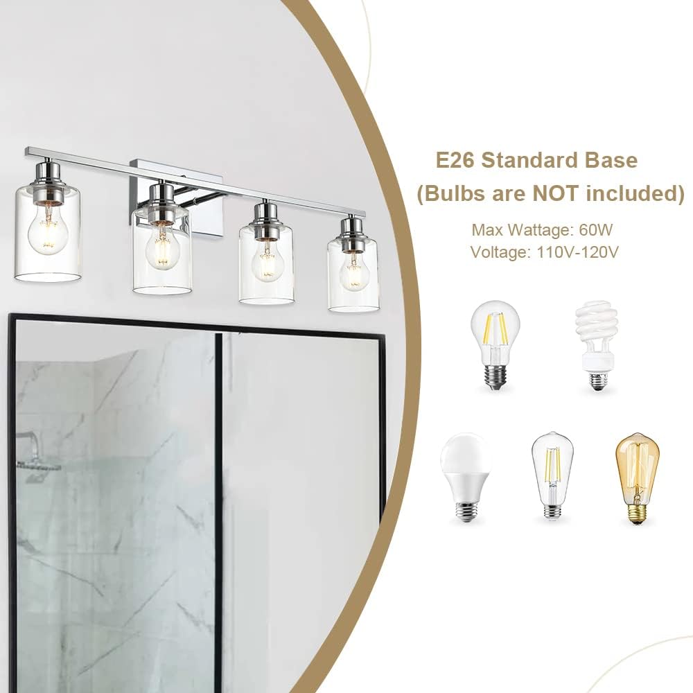 Vanity Light Fixtures,4-Light Indoor Modern Chrome Finish Bathroom Lighting Over Mirror with Clear Glass Shade Metal Base Wall Mounted Lamp for Vanity Table, Living Room