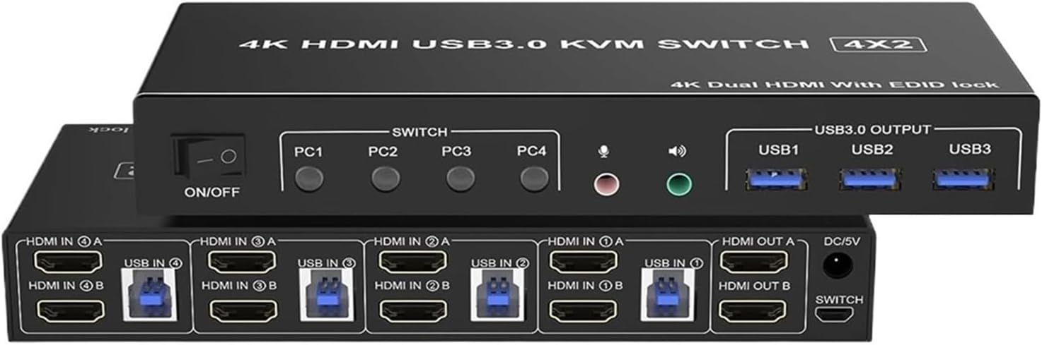 4 Port HDMI USB 3.0 KVM Switch 4X2 Dual Monitor 4K@60Hz Extended Display DP KVM Switch 4 in 2 Out for 4 PC Share Keyboard Mouse(ZY-AHD42U,AU Power Plug)