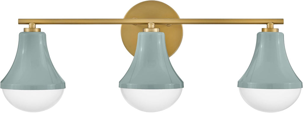 Lark Haddie Modern Three-Light Bath Vanity, Fixture Mounts Up or Down Over Bathroom Mirror, Seafoam and Lacquered Brass Finish