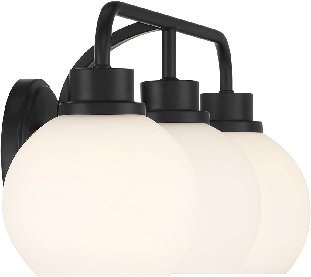 Meridian M80081MBK White Opal Glass Bathroom Vanity Wall Light, 3-Light 180 Total Watts, 8' H x 24' W, Matte Black
