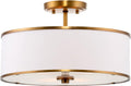 Kira Home Chloe 15' Modern Gold Semi-Flush Mount Ceiling Light with White Fabric Drum Shade, 3-Light Hanging Fixture with Tempered Glass Diffuser, Warm Brass Finish