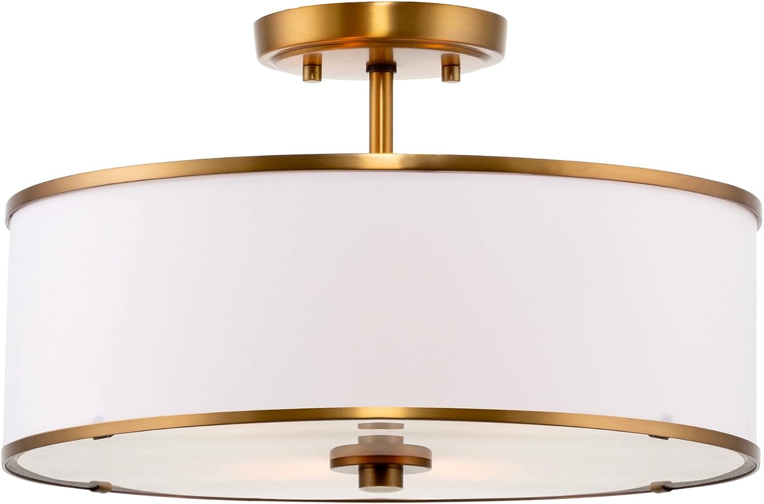 Kira Home Chloe 15' Modern Gold Semi-Flush Mount Ceiling Light with White Fabric Drum Shade, 3-Light Hanging Fixture with Tempered Glass Diffuser, Warm Brass Finish