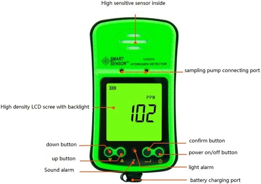 Portable H2 Gas Detector 0~1000ppm LCD Display Rechargeable Li-Battery Powered Alarmable Handheld Digital Hydrogen Gas Monitor Meter Tester Analyzer with Sampling Pump