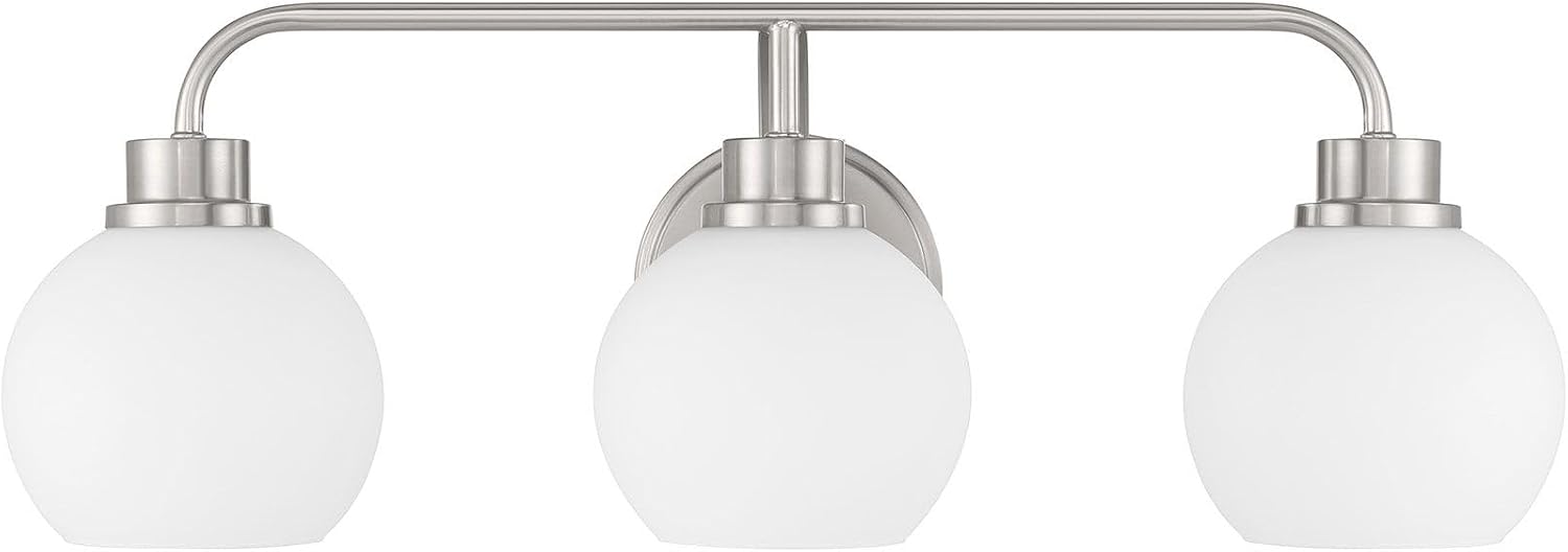 Meridian M80081BN White Opal Glass Bathroom Vanity Wall Light, 3-Light 180 Total Watts, 8' H x 24' W, Brushed Nickel
