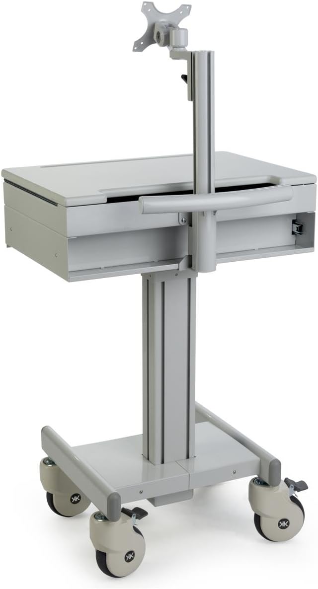 Displays2go Mobile Desk with Monitor Display & Keyboard Tray, Locking Wheels, Steel, Plastic, MDF – Gray (DWMDC1M)