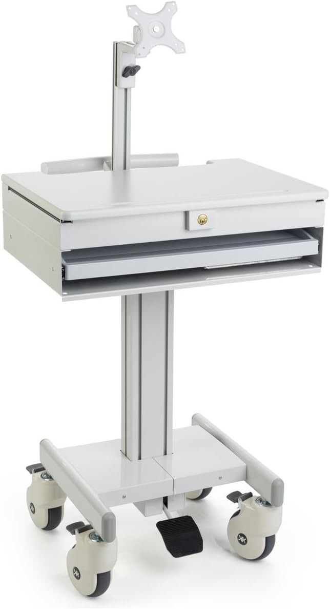 Displays2go Mobile Desk with Monitor Display & Keyboard Tray, Locking Wheels, Steel, Plastic, MDF – Gray (DWMDC1M)