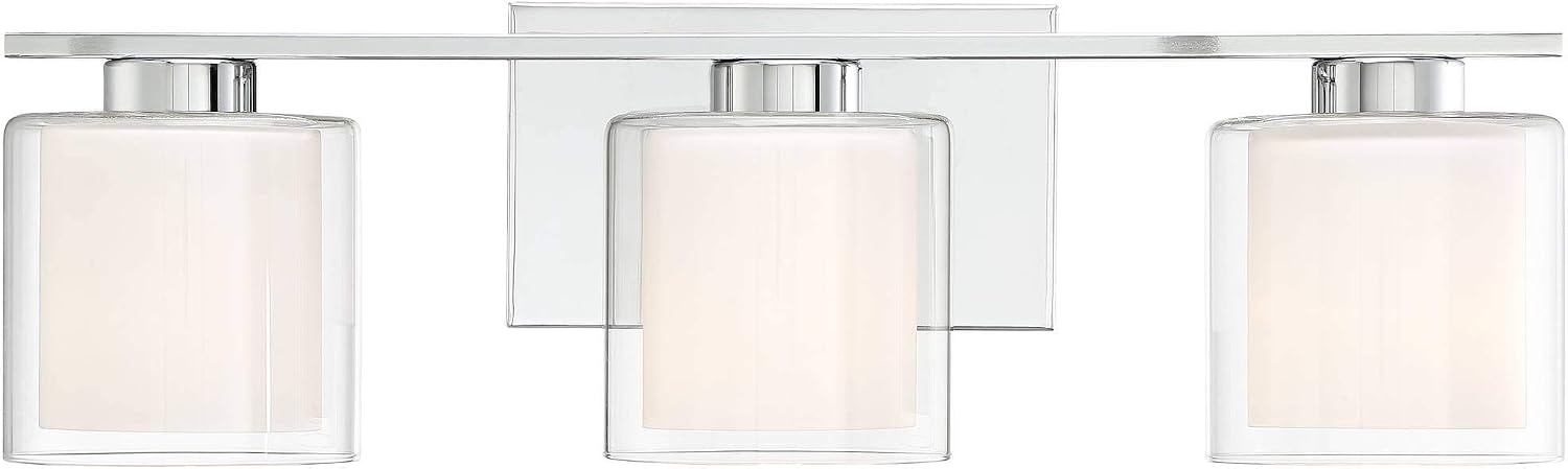 Possini Euro Design Dorris Modern Wall Mount Light Chrome Silver Hardwired 22' Wide 3-Light Fixture Clear Outer Opal Inner Glass Shade for Bedroom Bathroom Vanity Reading Living Room Hallway
