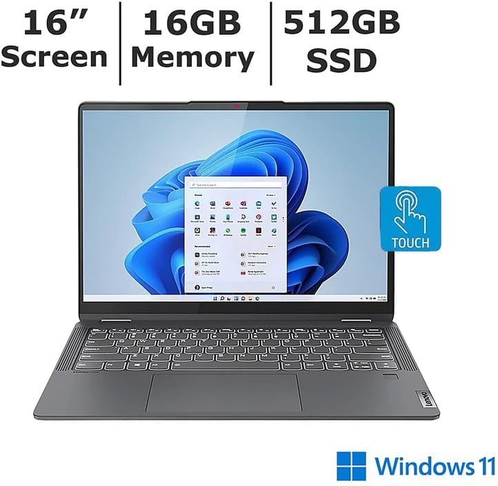 Lenovo IdeaPad Flex 5 16'' 2.5K (2560x1600) IPS Touchscreen 2-in-1 Laptop, Intel Core i7-1255U up to 1.7 GHz, 10C, 16GB RAM, 512GB SSD PCIe, Backlit, Fingerprint Reader, EAT Cloth, Black