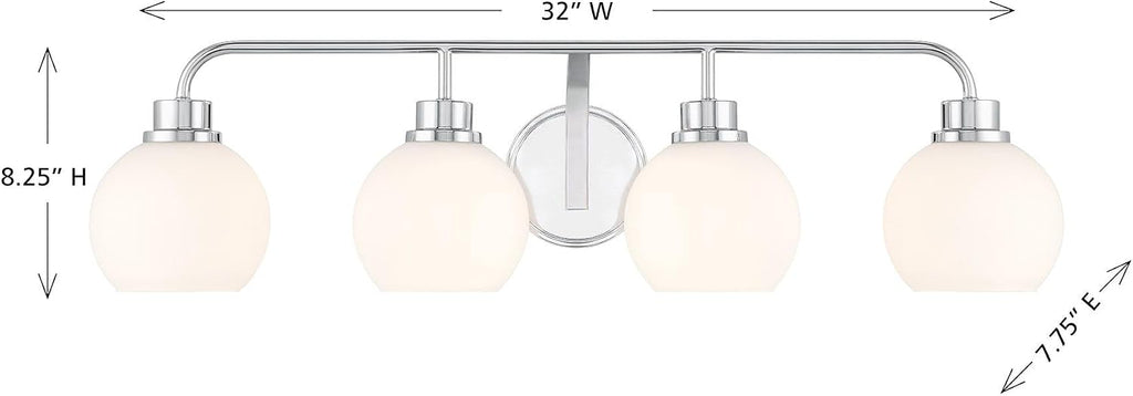 Meridian M80082CH White Opal Glass Bathroom Vanity Wall Light, 4-Light 240 Total Watts, 8' H x 32' W, Chrome