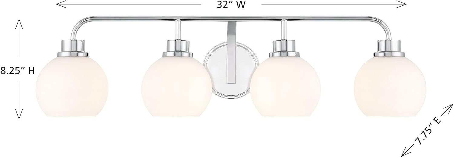Meridian M80082CH White Opal Glass Bathroom Vanity Wall Light, 4-Light 240 Total Watts, 8' H x 32' W, Chrome