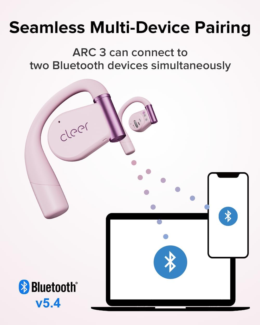 Cleer ARC 3 Open Ear Headphones - Dolby Audio, Snapdragon Sound True Wireless Earbuds, 50Hr Battery, Bluetooth 5.4, IPX 7, Multi-Point, Smart Controls, Wireless Charging Smart Case, Comfort Fit, Pink