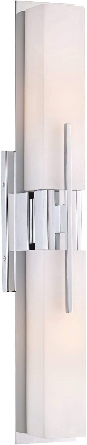 Possini Euro Design Midtown Mid Century Modern Wall Mount Light Chrome Silver Metal 23 1/2' Wide 2-Light Vanity Fixture Rectangular White Glass Shades Decor for Bathroom Over Mirror House Home