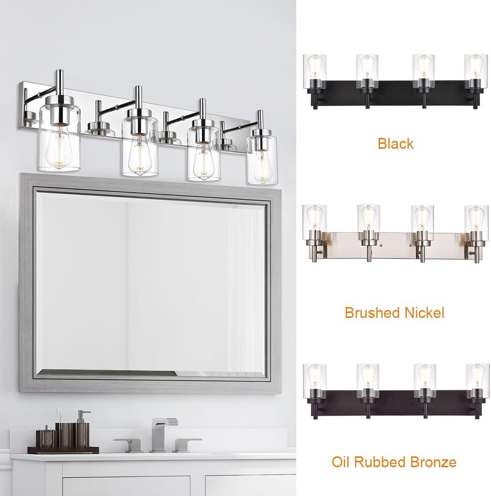 Modern Bathroom Lighting with Clear Glass Shade 4-Light Vanity Light Fixtures Chrome Finished Industrial Wall Light Sconces for Bedroom Hallway (Patent No.: US D958,438 S)