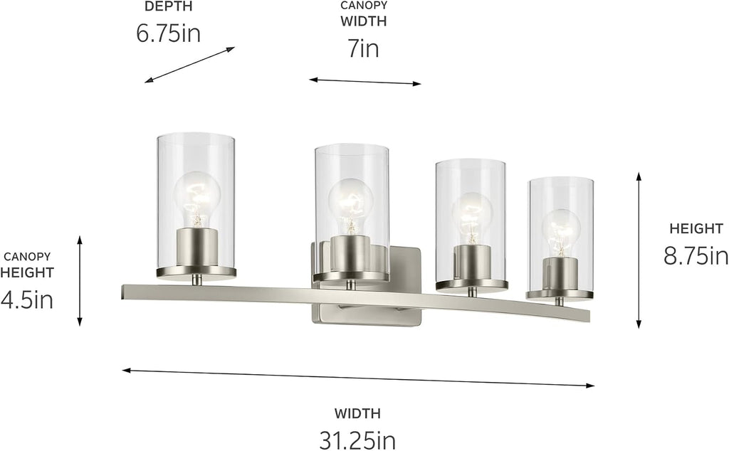 Kichler Crosby 31.25' 4-Light Bathroom Vanity Light Fixture with Clear Glass in Brushed Nickel, Modern Wall Mount Lighting for Bathroom Over Mirror (31.25' x 8.75'), 45498NICLR