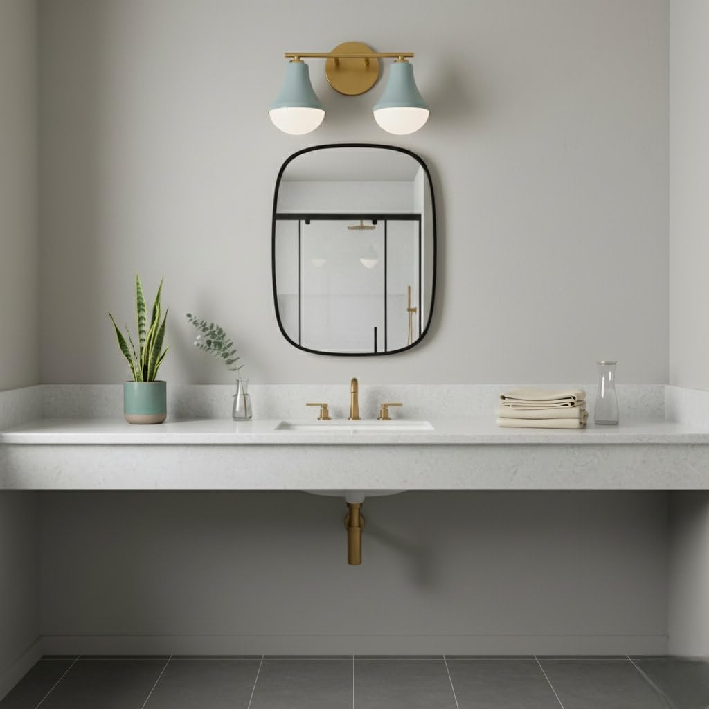 Lark Haddie 85512SF Modern Two-Light Bath Vanity, Fixture Mounts Up or Down, Shades Secured in Place, Seafoam and Lacquered Brass
