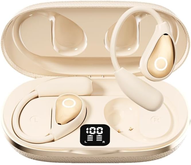 Translation Headphones Open-Ear True Wireless Bluetooth 5.4 with Noise Cancelling,IPX5 Waterproof Sport Earphones Sweat Resistant,Single Battery Life 7H,Compatible with iPhone & Android,Beige