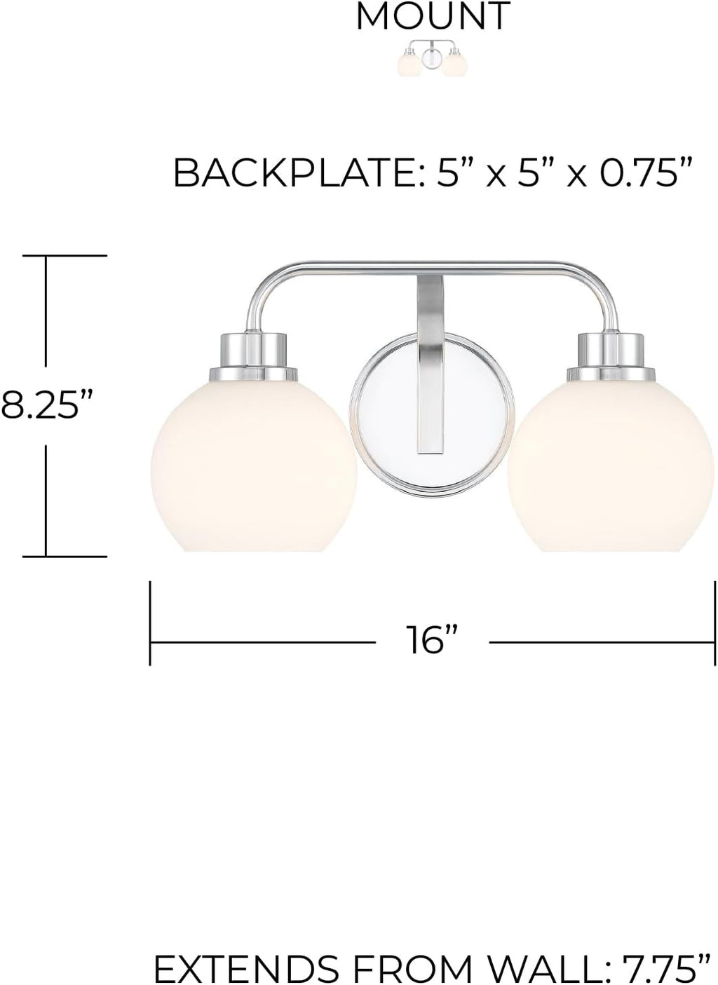 Meridian M80080CH White Opal Glass Bathroom Vanity Light, 2-Light 120 Total Watts, 8' H x 16' W, Chrome