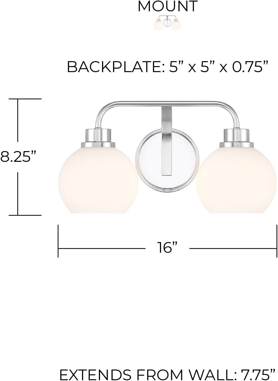 Meridian M80080CH White Opal Glass Bathroom Vanity Light, 2-Light 120 Total Watts, 8' H x 16' W, Chrome