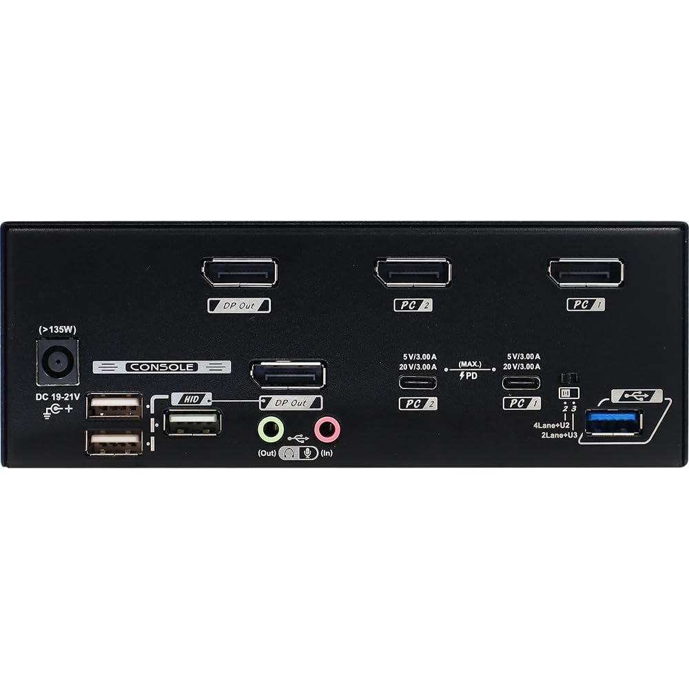 Hybrid KVM Switch for 2 Computers 2 Monitors with Displayport 1.2 & USB-C, Up to 8K@60Hz Resolution, USB 3.2 Gen, Auto EDID, Support HDCP 2.2/1.4, 20V PD Charging, CAHBP-P3122-13
