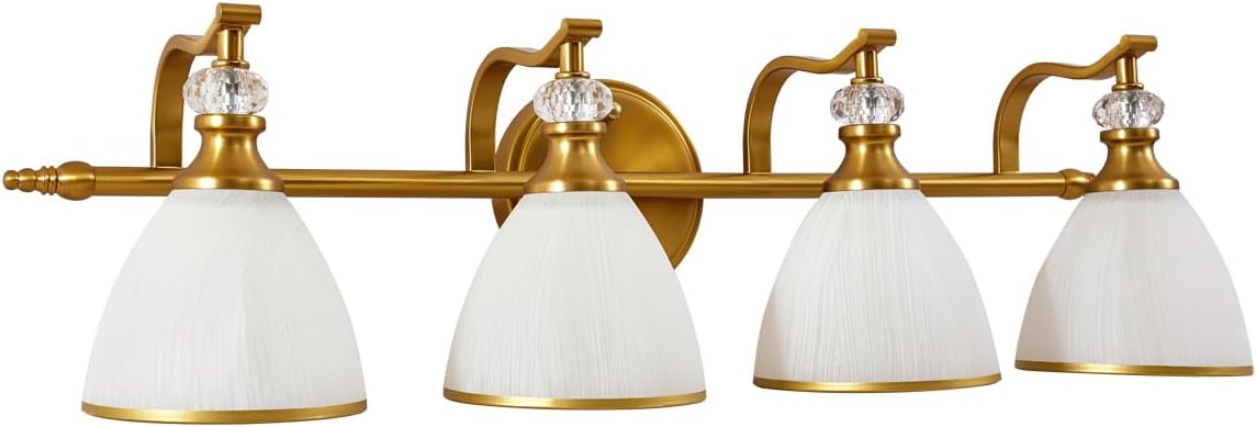 ANDY STAR Brushed Gold Vanity Light, 4-Light Bathroom Light Fixtures, Vintage Wall Lamp with Bell Shaped Frosted Lampshade, 27.8 Inch Bathroom Lighting Fixtures Over Mirror, (Bulbs Not Included)