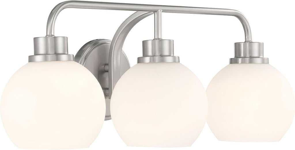 Meridian M80081BN White Opal Glass Bathroom Vanity Wall Light, 3-Light 180 Total Watts, 8' H x 24' W, Brushed Nickel