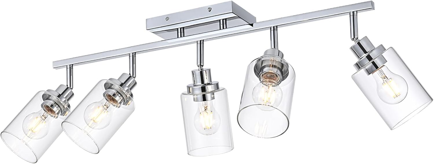 5-Light Track Lighting Kit Ceiling Kitchen Track Lighting Fixtures Chrome Bathroom Vanity Wall Lights with Clear Glass Multi-Directional Rotating Tracking Light Heads Spotlight for Accent Shop