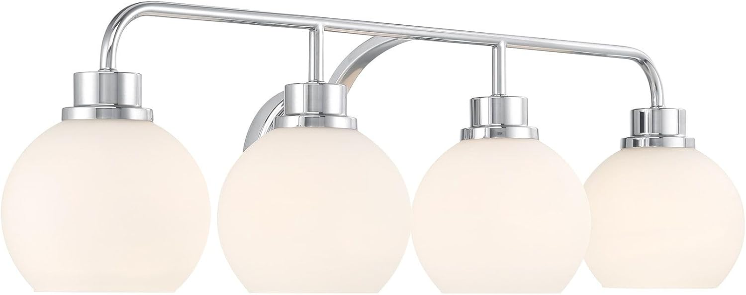 Meridian M80082CH White Opal Glass Bathroom Vanity Wall Light, 4-Light 240 Total Watts, 8' H x 32' W, Chrome