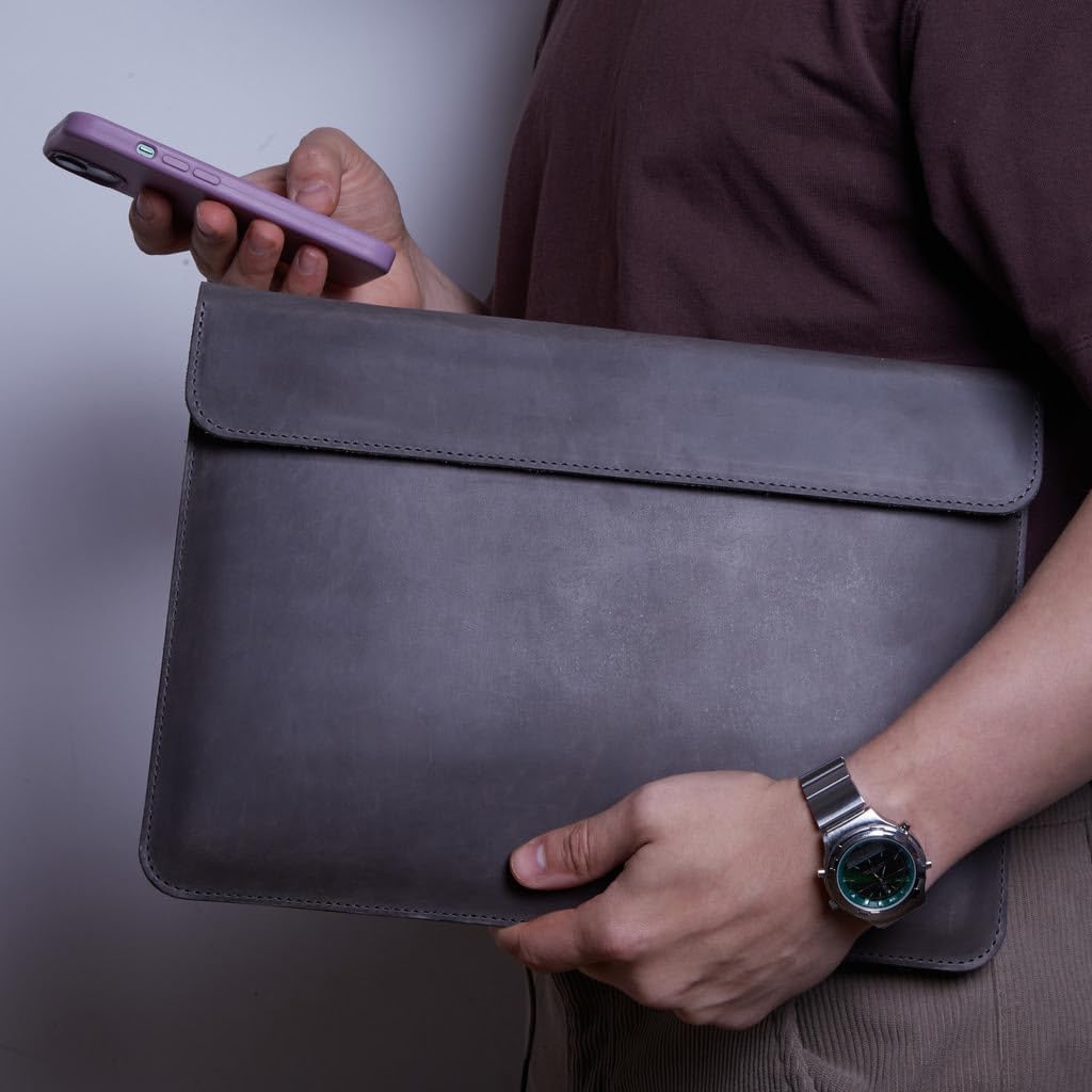 Grey Laptop Case Leather Made for MacBook Pro 14inch Sleeve - Carrying Sleeves Compatible with MacBook Pro 14' M1 M2 M3 M4 Max A2442 A2779 A2992 A2918 A3402 2024 2025 Genuine Vintage Leather, Gray