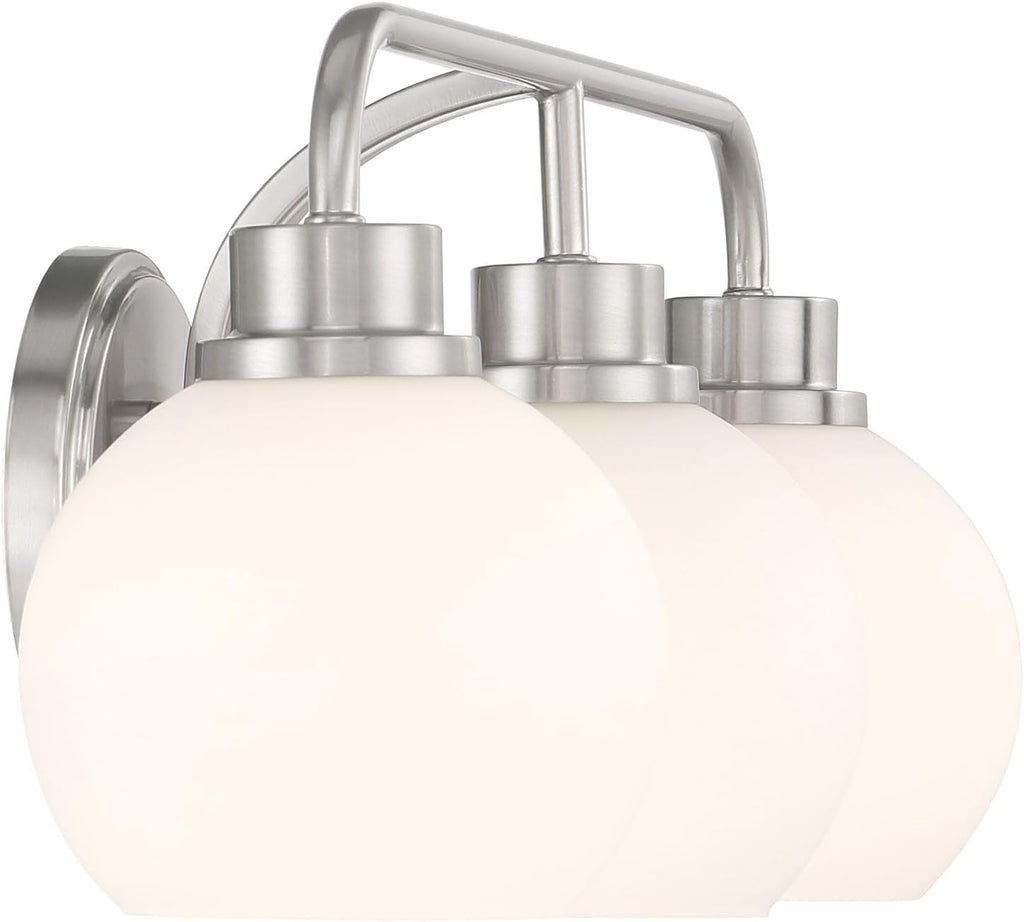 Meridian M80081BN White Opal Glass Bathroom Vanity Wall Light, 3-Light 180 Total Watts, 8' H x 24' W, Brushed Nickel