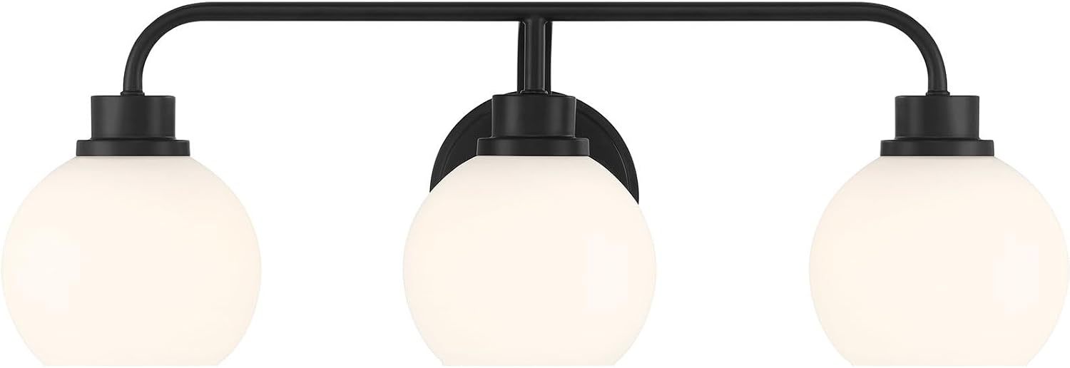 Meridian M80081MBK White Opal Glass Bathroom Vanity Wall Light, 3-Light 180 Total Watts, 8' H x 24' W, Matte Black