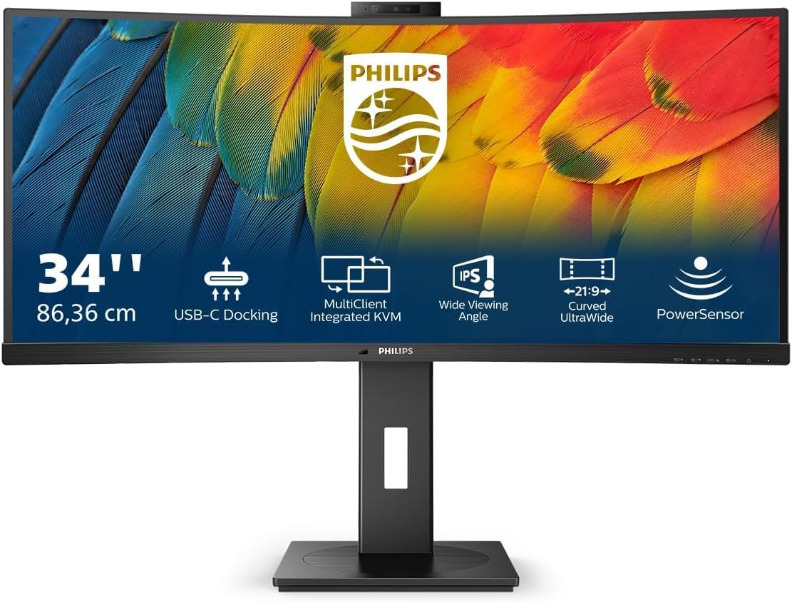 Philips 34B1U5600CH - 34 Inch WQHD Curved Monitor, 120Hz, VA, 4ms, Webcam, KVM, MultiView, RJ-45 to USB-C, Height Adjust (3440 x 1440 @ 120Hz, HDMI 2.0 / DP 1.4 / USB-C PD 100W) (Renewed)